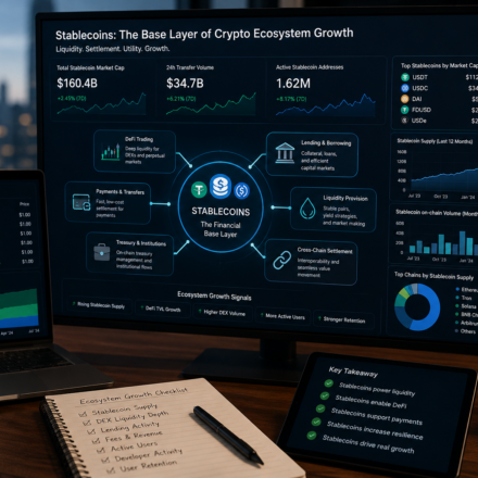 stablecoins ecosystem growth dashboard showing stablecoin liquidity as the financial base layer supporting DeFi trading, lending, payments, liquidity provision, cross-chain settlement, and crypto ecosystem maturity