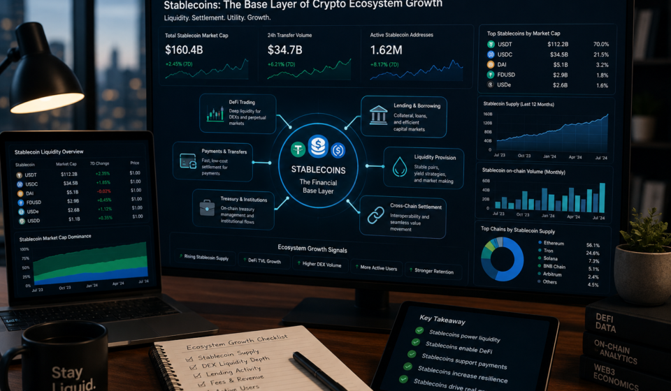 Stablecoins Ecosystem Growth: 7 Critical Reasons They Became Crypto’s Base Layer stablecoins ecosystem growth dashboard showing stablecoin liquidity as the financial base layer supporting DeFi trading, lending, payments, liquidity provision, cross-chain settlement, and crypto ecosystem maturity