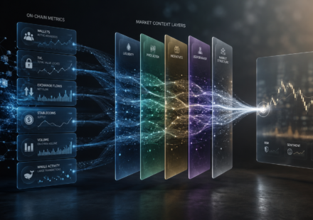 on-chain metrics market context showing wallet activity, TVL, exchange flows, stablecoins, volume and whale activity filtered through liquidity, price action, incentives, user behavior and market structure