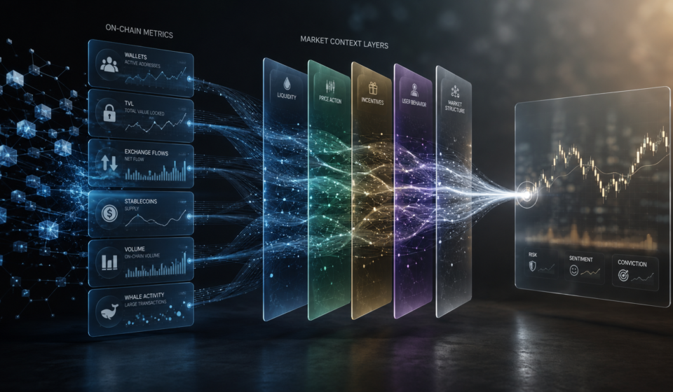 on-chain metrics market context showing wallet activity, TVL, exchange flows, stablecoins, volume and whale activity filtered through liquidity, price action, incentives, user behavior and market structure