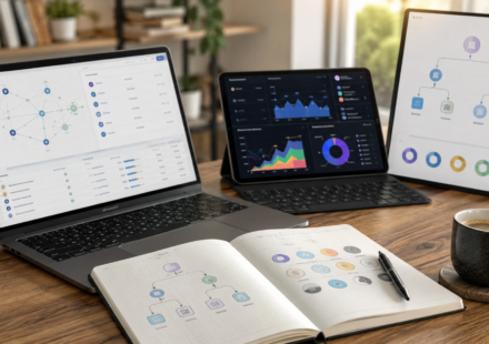best on-chain analytics tools for beginners showing a crypto research workspace with blockchain data dashboards, wallet flow maps, DeFi metrics, protocol charts and organized research notes