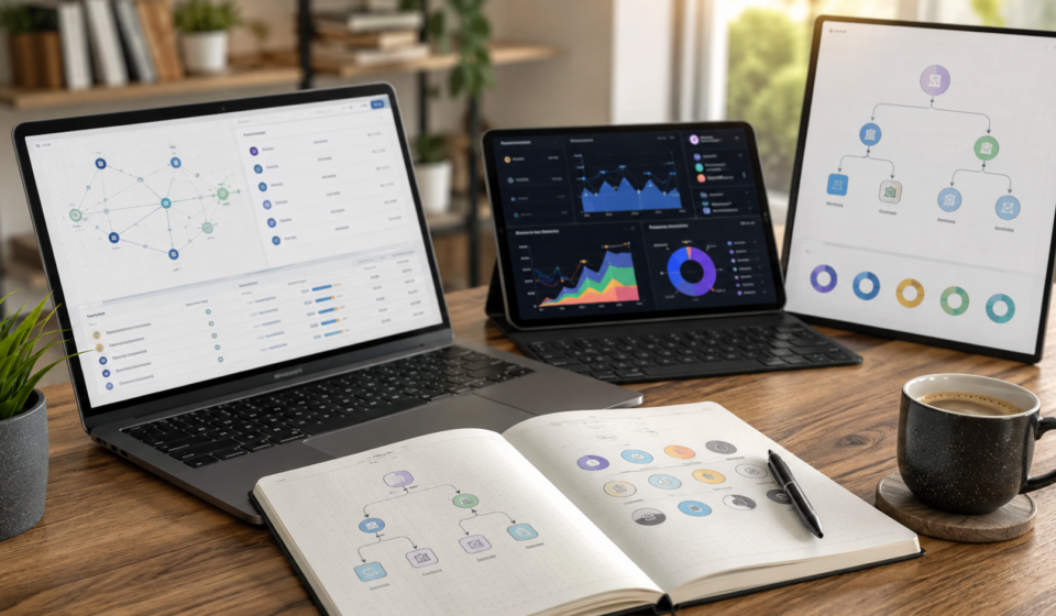 best on-chain analytics tools for beginners showing a crypto research workspace with blockchain data dashboards, wallet flow maps, DeFi metrics, protocol charts and organized research notes