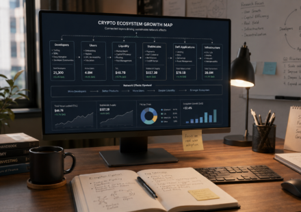 crypto ecosystem growth analysis map showing developers, users, liquidity, stablecoins, DeFi applications and blockchain infrastructure layers