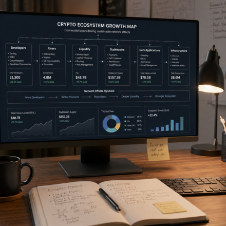 crypto ecosystem growth analysis map showing developers, users, liquidity, stablecoins, DeFi applications and blockchain infrastructure layers