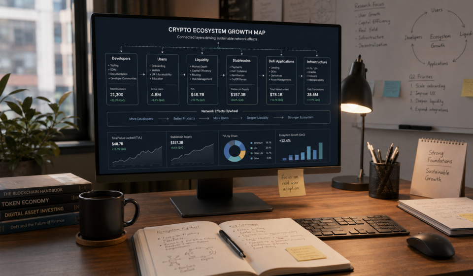 crypto ecosystem growth analysis map showing developers, users, liquidity, stablecoins, DeFi applications and blockchain infrastructure layers