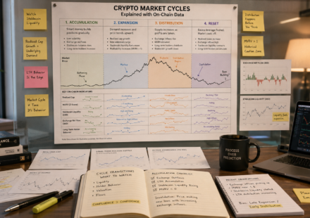 crypto market cycles explained with on-chain data showing accumulation expansion distribution reset phases realized cap MVRV stablecoin liquidity and holder behavior