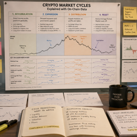crypto market cycles explained with on-chain data showing accumulation expansion distribution reset phases realized cap MVRV stablecoin liquidity and holder behavior