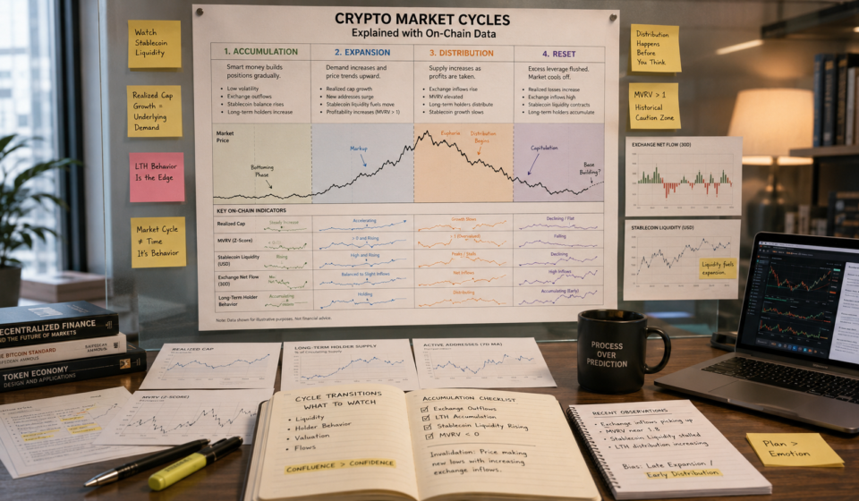 crypto market cycles explained with on-chain data showing accumulation expansion distribution reset phases realized cap MVRV stablecoin liquidity and holder behavior