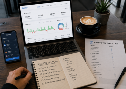 best crypto tax strategies showing Koinly crypto tax dashboard, connected wallets, capital gains report, DeFi activity checklist and transaction tracking