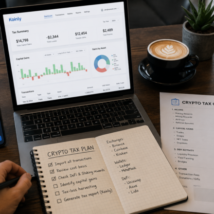 best crypto tax strategies showing Koinly crypto tax dashboard, connected wallets, capital gains report, DeFi activity checklist and transaction tracking
