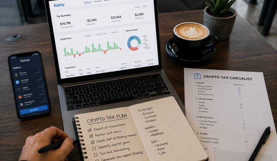 best crypto tax strategies showing Koinly crypto tax dashboard, connected wallets, capital gains report, DeFi activity checklist and transaction tracking