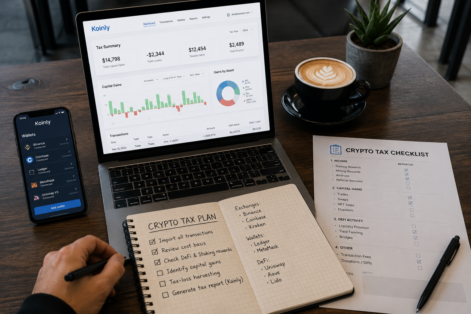 best crypto tax strategies showing Koinly crypto tax dashboard, connected wallets, capital gains report, DeFi activity checklist and transaction tracking