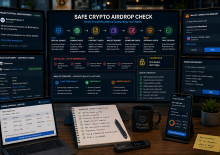 safe crypto airdrop check dashboard showing official source verification, domain inspection, contract review, wallet connection request, signature check, token approvals, separate wallet strategy, and airdrop security checklist