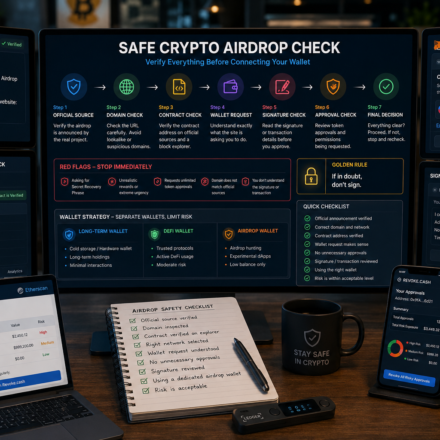 safe crypto airdrop check dashboard showing official source verification, domain inspection, contract review, wallet connection request, signature check, token approvals, separate wallet strategy, and airdrop security checklist