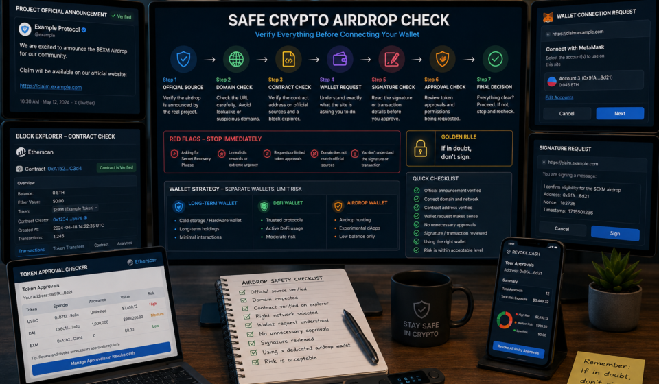 safe crypto airdrop check dashboard showing official source verification, domain inspection, contract review, wallet connection request, signature check, token approvals, separate wallet strategy, and airdrop security checklist
