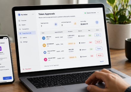 check token approvals before using DeFi showing a wallet permission dashboard with approved spenders, token allowances, unlimited approval warnings, risk levels and revoke buttons