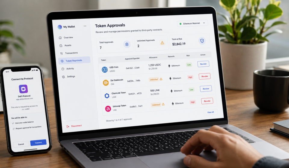 How to Check Token Approvals Before Using DeFi: 7 Smart Safety Steps check token approvals before using DeFi showing a wallet permission dashboard with approved spenders, token allowances, unlimited approval warnings, risk levels and revoke buttons