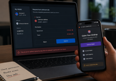 wallet drainer in crypto warning showing a suspicious wallet approval request, unlimited token spending permission, fake airdrop claim page, and crypto wallet security checklist