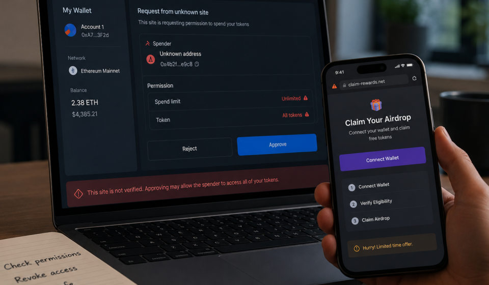 What Is a Wallet Drainer in Crypto? 7 Critical Warning Signs wallet drainer in crypto warning showing a suspicious wallet approval request, unlimited token spending permission, fake airdrop claim page, and crypto wallet security checklist