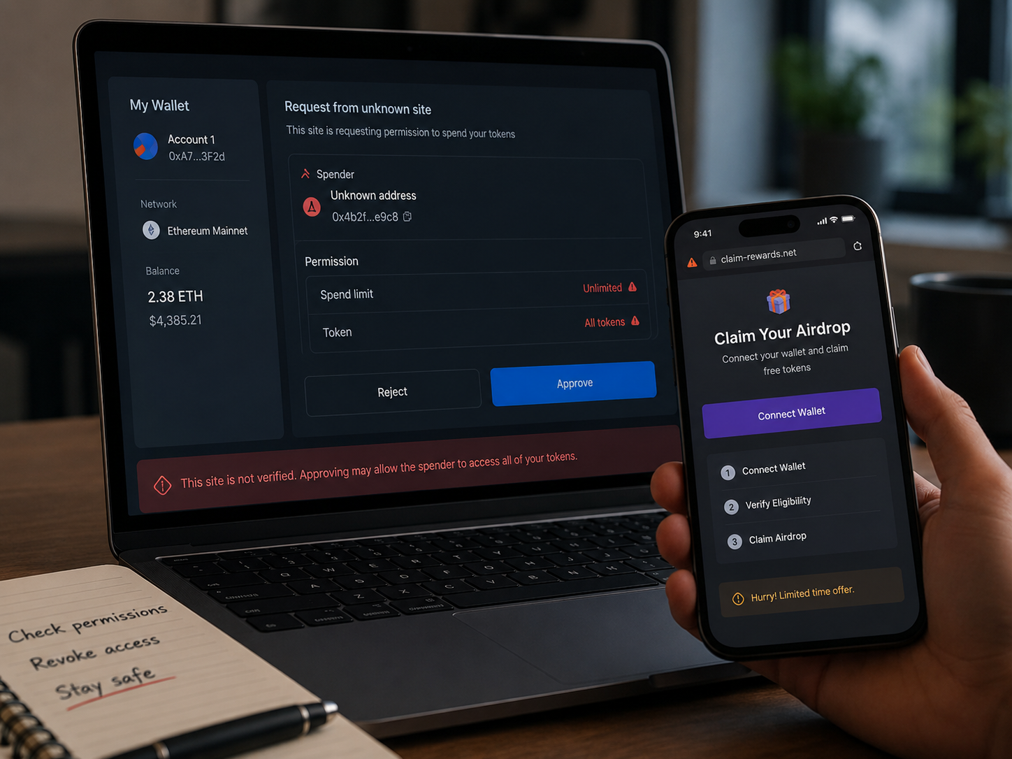 wallet drainer in crypto warning showing a suspicious wallet approval request, unlimited token spending permission, fake airdrop claim page, and crypto wallet security checklist