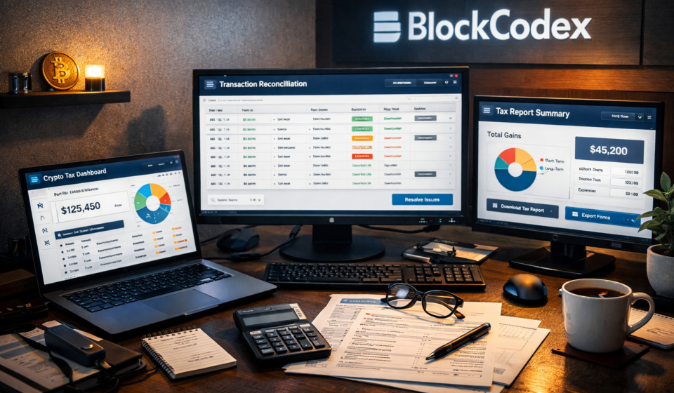 best crypto tax tools compared showing portfolio tracking and tax reporting workspace with BlockCodex setup