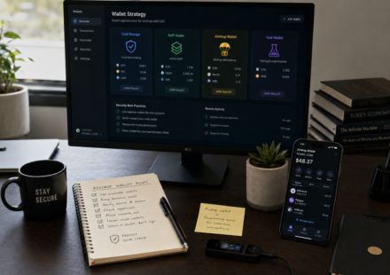 Airdrop wallet setup showing separate wallets for cold storage, DeFi activity, airdrop claims and testing, with limited funds, approval checks and safer reward management