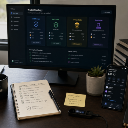 Airdrop wallet setup showing separate wallets for cold storage, DeFi activity, airdrop claims and testing, with limited funds, approval checks and safer reward management