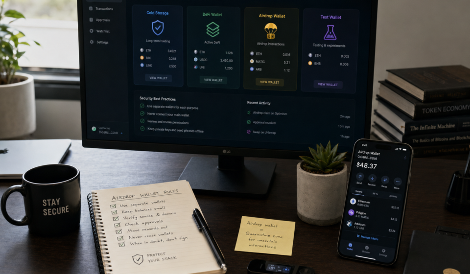 Airdrop wallet setup showing separate wallets for cold storage, DeFi activity, airdrop claims and testing, with limited funds, approval checks and safer reward management