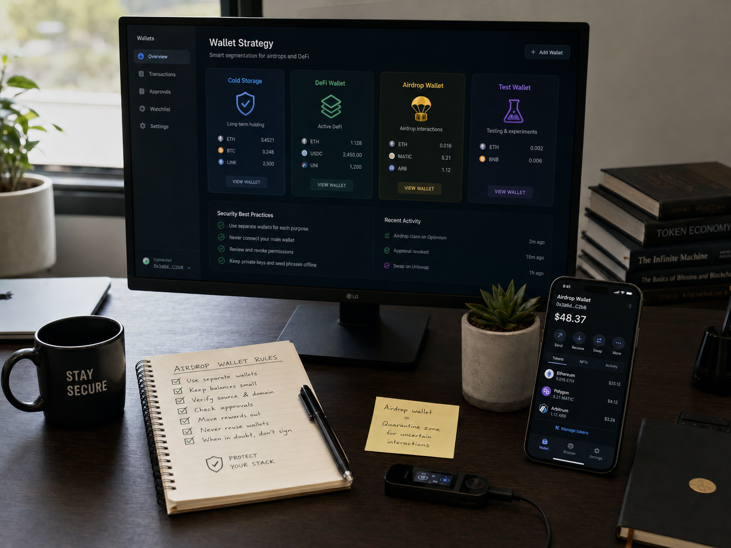 Airdrop wallet setup showing separate wallets for cold storage, DeFi activity, airdrop claims and testing, with limited funds, approval checks and safer reward management