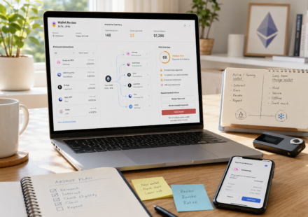Airdrop farming wallet risk dashboard showing repeated protocol interactions, active token approvals, exposed balance, wallet review, approval revocation, and separation from long-term crypto storage