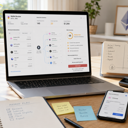 Airdrop farming wallet risk dashboard showing repeated protocol interactions, active token approvals, exposed balance, wallet review, approval revocation, and separation from long-term crypto storage