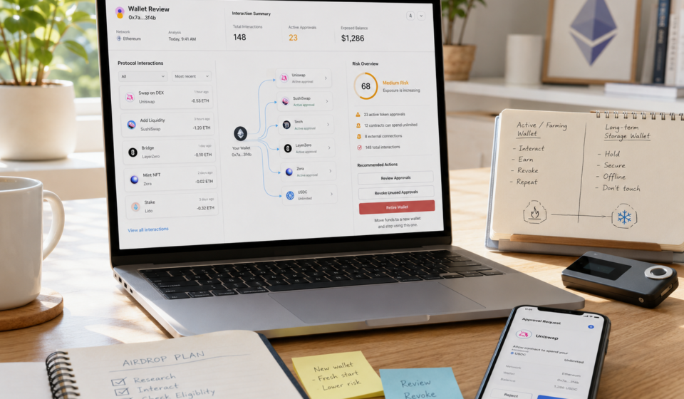 Airdrop farming wallet risk dashboard showing repeated protocol interactions, active token approvals, exposed balance, wallet review, approval revocation, and separation from long-term crypto storage