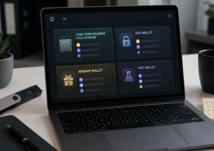 wallet separation in crypto strategy showing separate wallets for long-term cold storage, DeFi activity, airdrop claims and testing, with a hardware wallet for safer self-custody