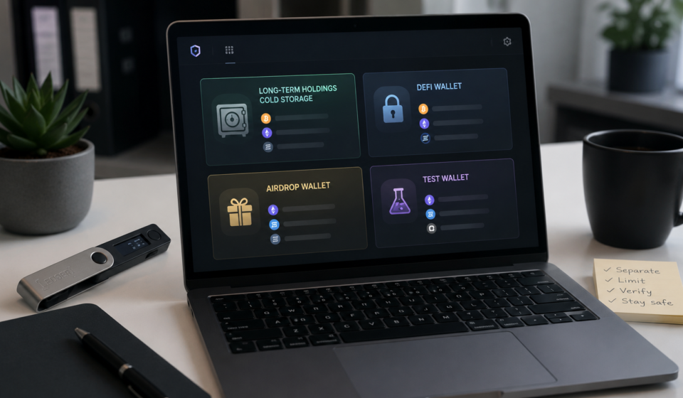 wallet separation in crypto strategy showing separate wallets for long-term cold storage, DeFi activity, airdrop claims and testing, with a hardware wallet for safer self-custody