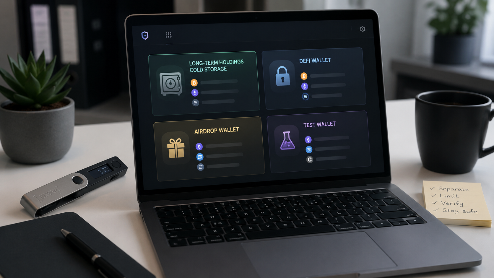 wallet separation in crypto strategy showing separate wallets for long-term cold storage, DeFi activity, airdrop claims and testing, with a hardware wallet for safer self-custody