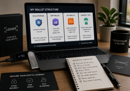 Ledger security setup showing a hardware wallet, cold storage wallet, DeFi wallet, hot wallet, airdrop wallet, recovery phrase checklist, and organized crypto self-custody workflow