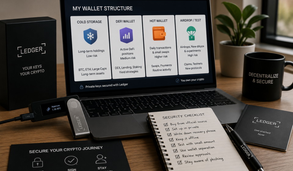 Ledger security setup showing a hardware wallet, cold storage wallet, DeFi wallet, hot wallet, airdrop wallet, recovery phrase checklist, and organized crypto self-custody workflow
