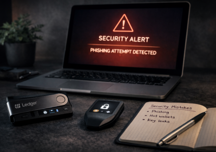 crypto security mistakes example with phishing attack warning and hardware wallet protection setup