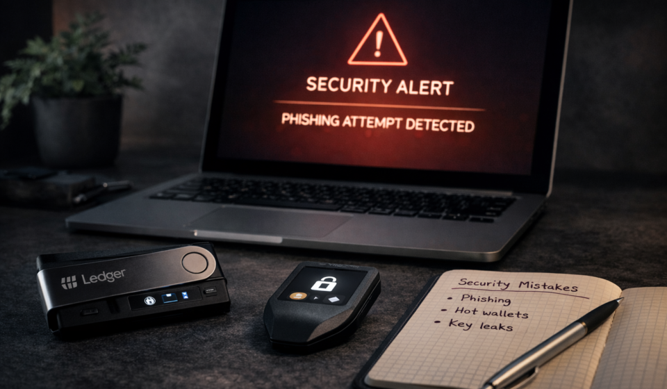 crypto security mistakes example with phishing attack warning and hardware wallet protection setup