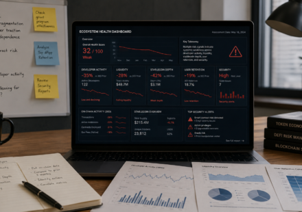 crypto ecosystem failure analysis showing declining developer activity, falling liquidity, weak stablecoin depth, low user retention and blockchain security alerts
