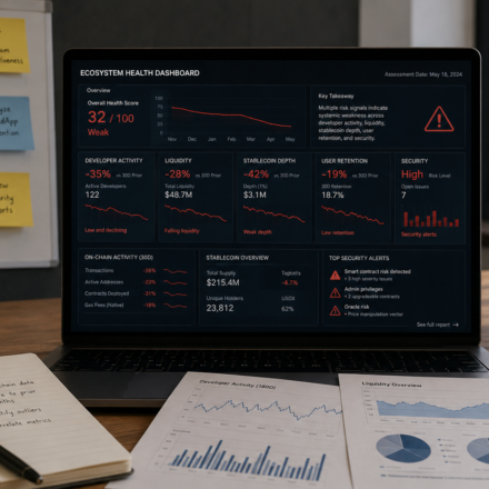 crypto ecosystem failure analysis showing declining developer activity, falling liquidity, weak stablecoin depth, low user retention and blockchain security alerts
