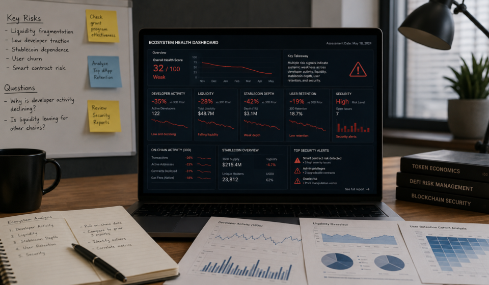 crypto ecosystem failure analysis showing declining developer activity, falling liquidity, weak stablecoin depth, low user retention and blockchain security alerts
