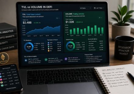 TVL vs volume in DeFi comparison showing total value locked, trading activity, liquidity depth, protocol metrics, fees, revenue, and DeFi analytics dashboard