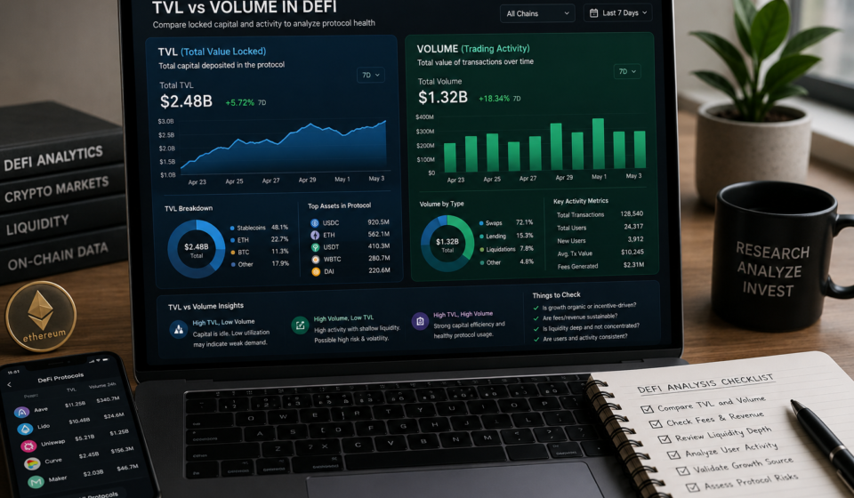 TVL vs volume in DeFi comparison showing total value locked, trading activity, liquidity depth, protocol metrics, fees, revenue, and DeFi analytics dashboard