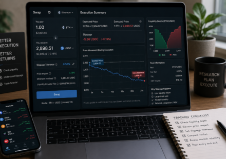 slippage in crypto showing expected price, executed price, slippage tolerance, price impact, liquidity depth, and DeFi swap execution dashboard