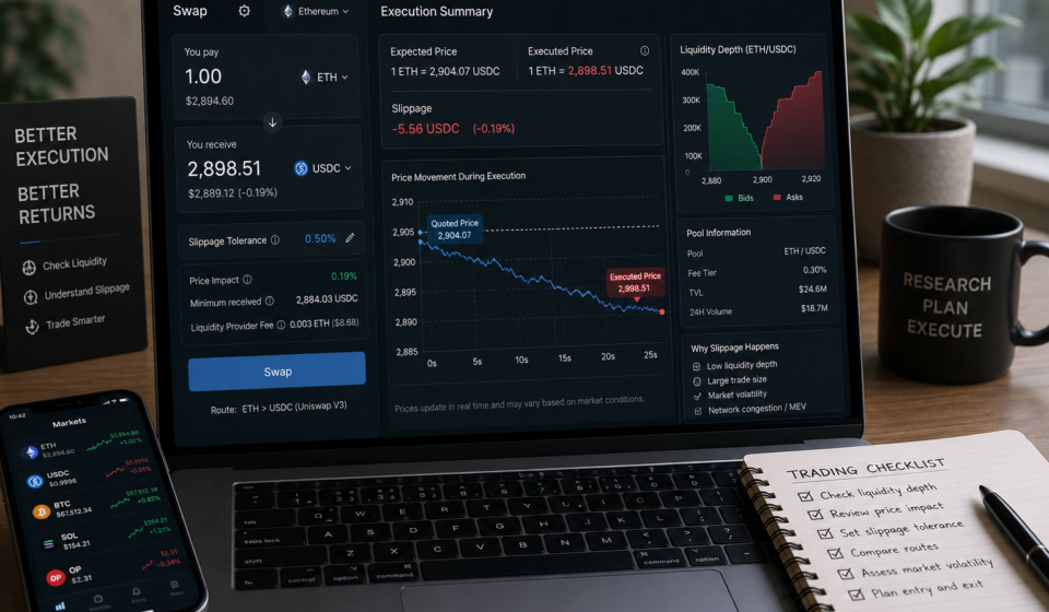 slippage in crypto showing expected price, executed price, slippage tolerance, price impact, liquidity depth, and DeFi swap execution dashboard
