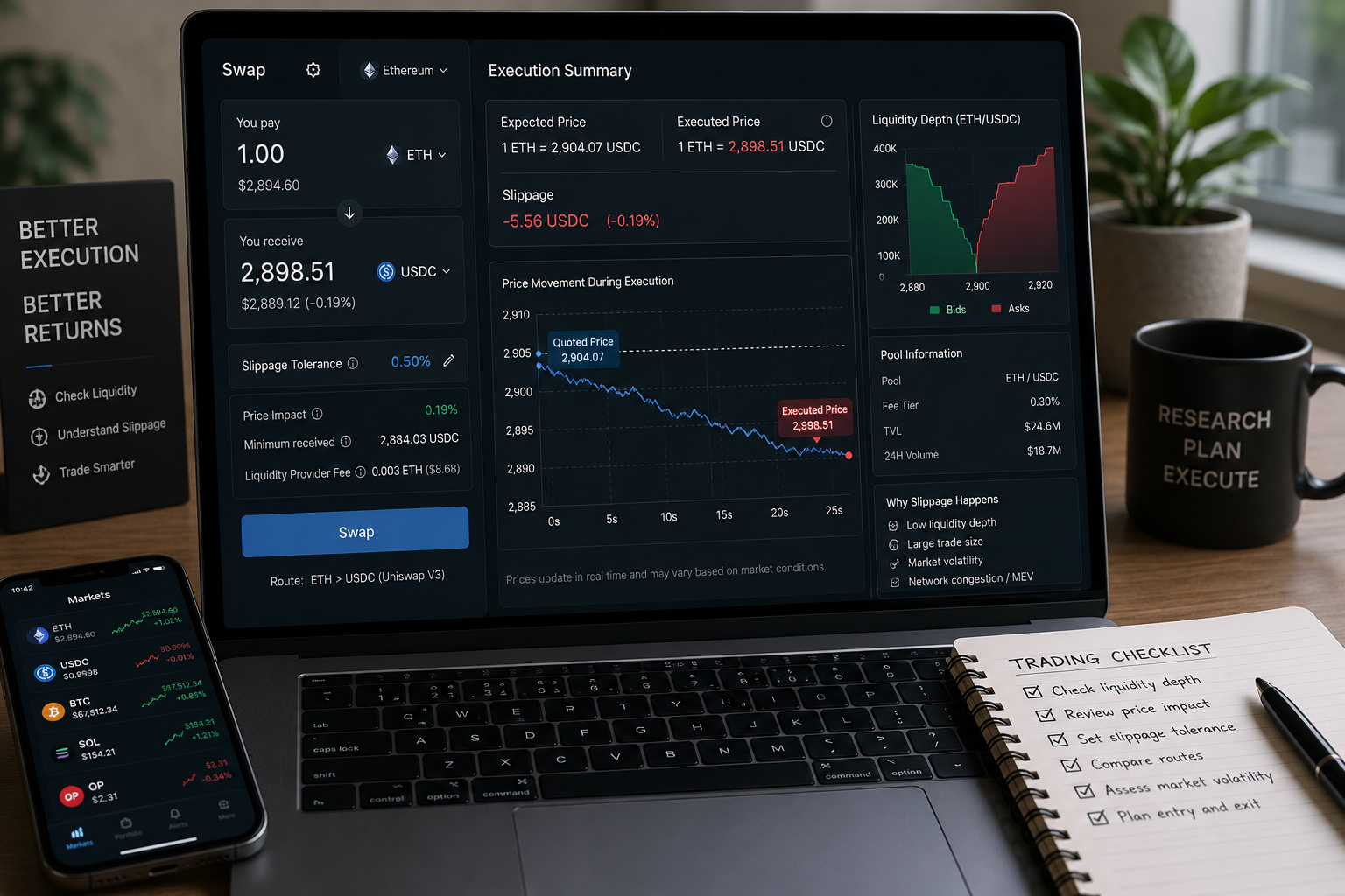 slippage in crypto showing expected price, executed price, slippage tolerance, price impact, liquidity depth, and DeFi swap execution dashboard