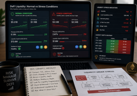 DeFi liquidity risk dashboard showing normal versus stress conditions, TVL, slippage, liquidity depth, stablecoin depth, exit risk, liquidation pressure, and market volatility
