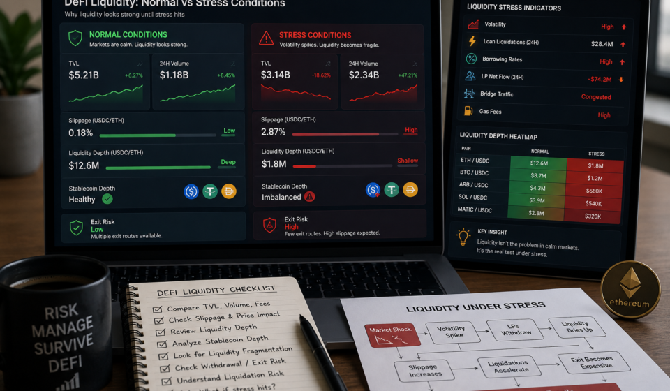 DeFi Liquidity Risk: 7 Critical Reasons Liquidity Fails Under Stress DeFi liquidity risk dashboard showing normal versus stress conditions, TVL, slippage, liquidity depth, stablecoin depth, exit risk, liquidation pressure, and market volatility