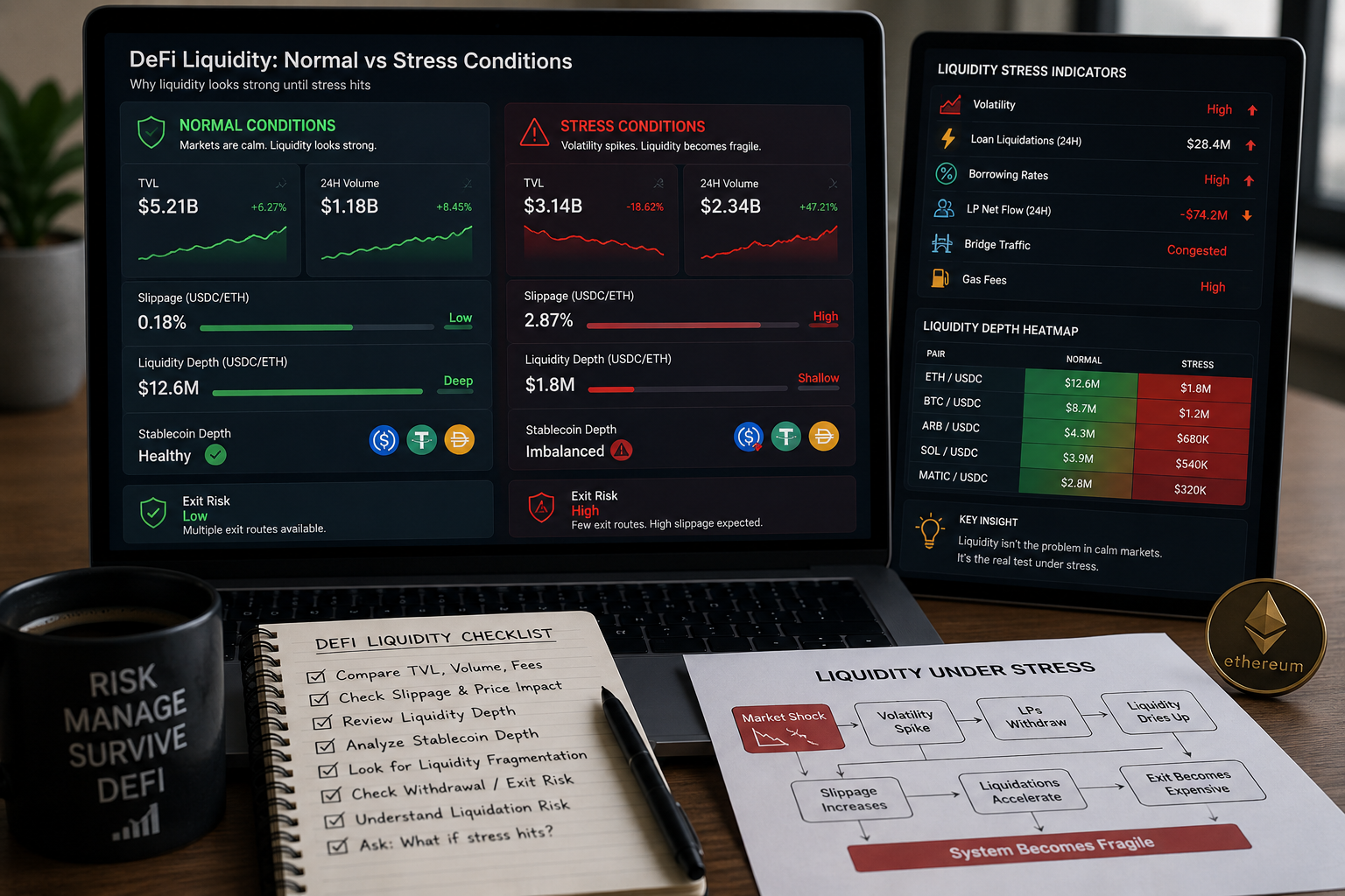 DeFi liquidity risk dashboard showing normal versus stress conditions, TVL, slippage, liquidity depth, stablecoin depth, exit risk, liquidation pressure, and market volatility
